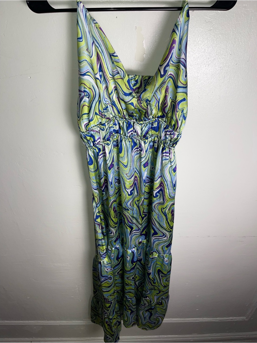 Charlotte Russe Green & Blue Marble Print Satin Maxi Dress Size L